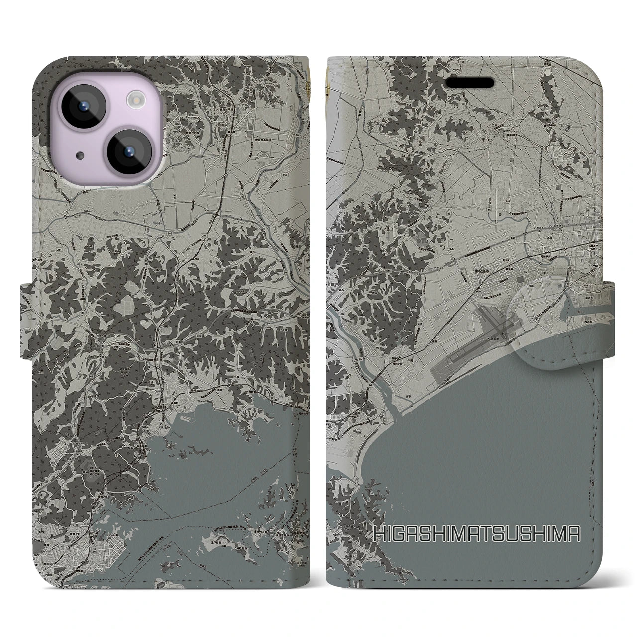 【東松島(宮城県)】地図柄iPhoneケース(手帳タイプ)モノトーン・iPhone 14 用