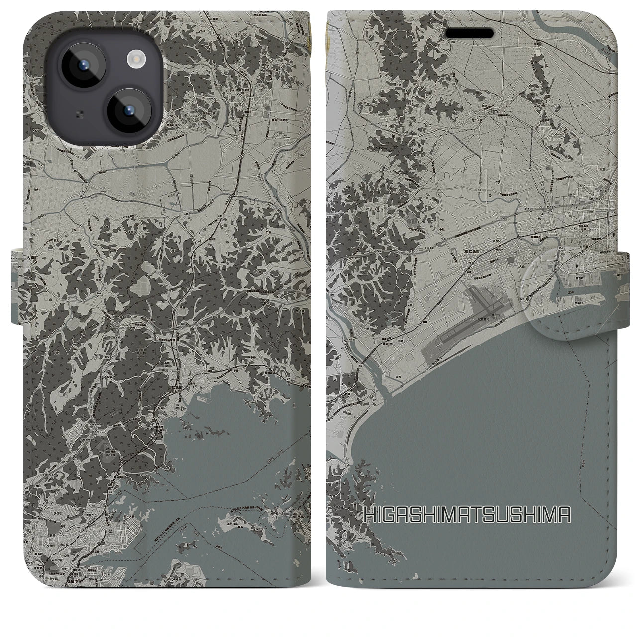 【東松島(宮城県)】地図柄iPhoneケース(手帳タイプ)モノトーン・iPhone 14 Plus 用
