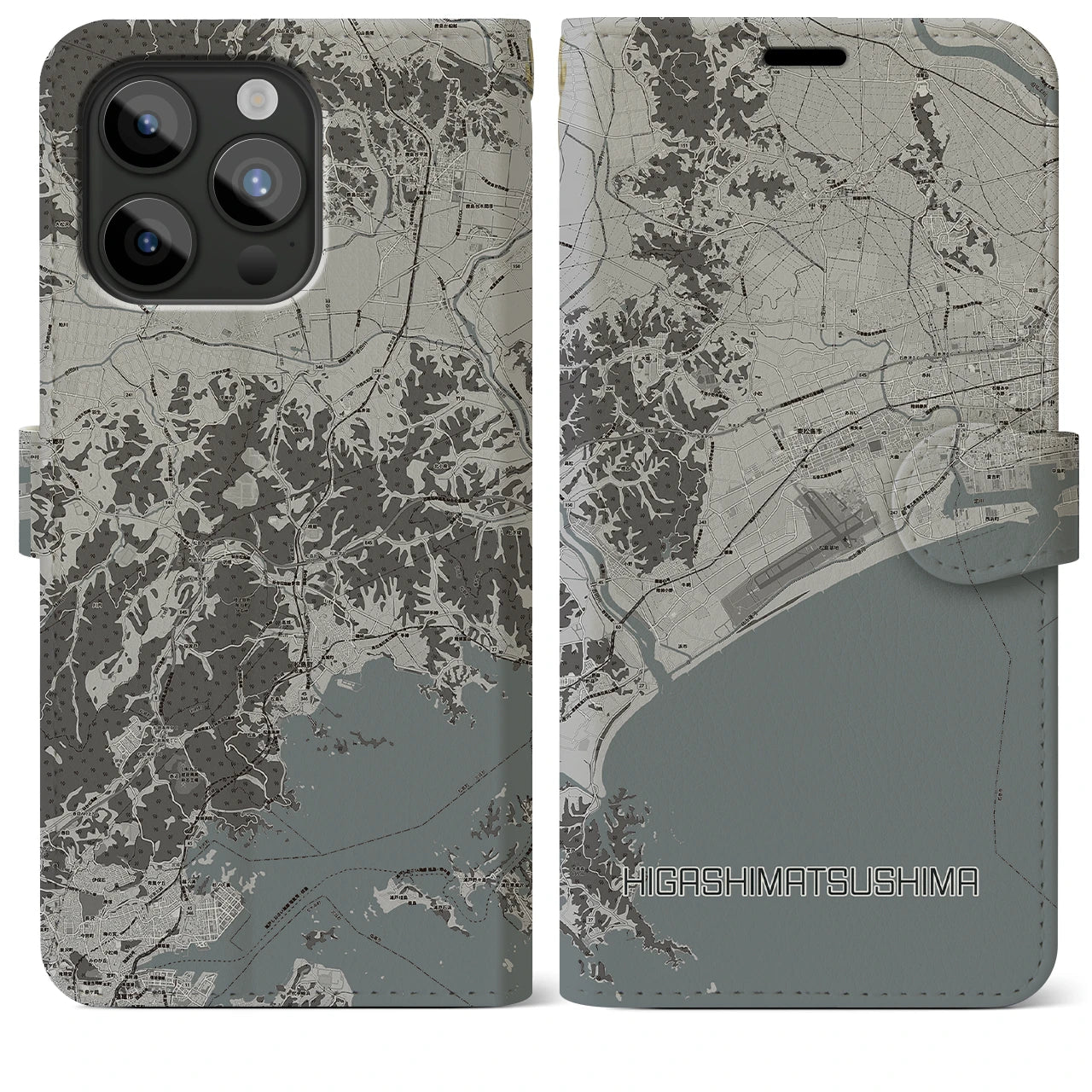【東松島(宮城県)】地図柄iPhoneケース(手帳タイプ)モノトーン・iPhone 15 Pro Max 用