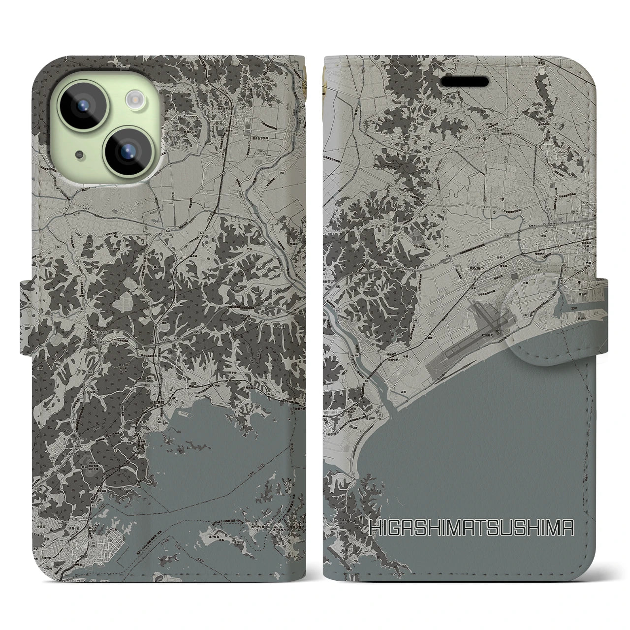 【東松島(宮城県)】地図柄iPhoneケース(手帳タイプ)モノトーン・iPhone 15 用