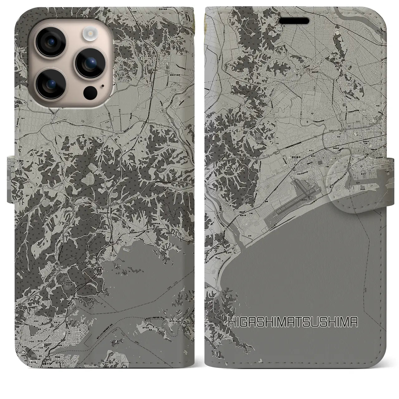 【東松島(宮城県)】地図柄iPhoneケース(手帳タイプ)モノトーン・iPhone 16 Plus 用