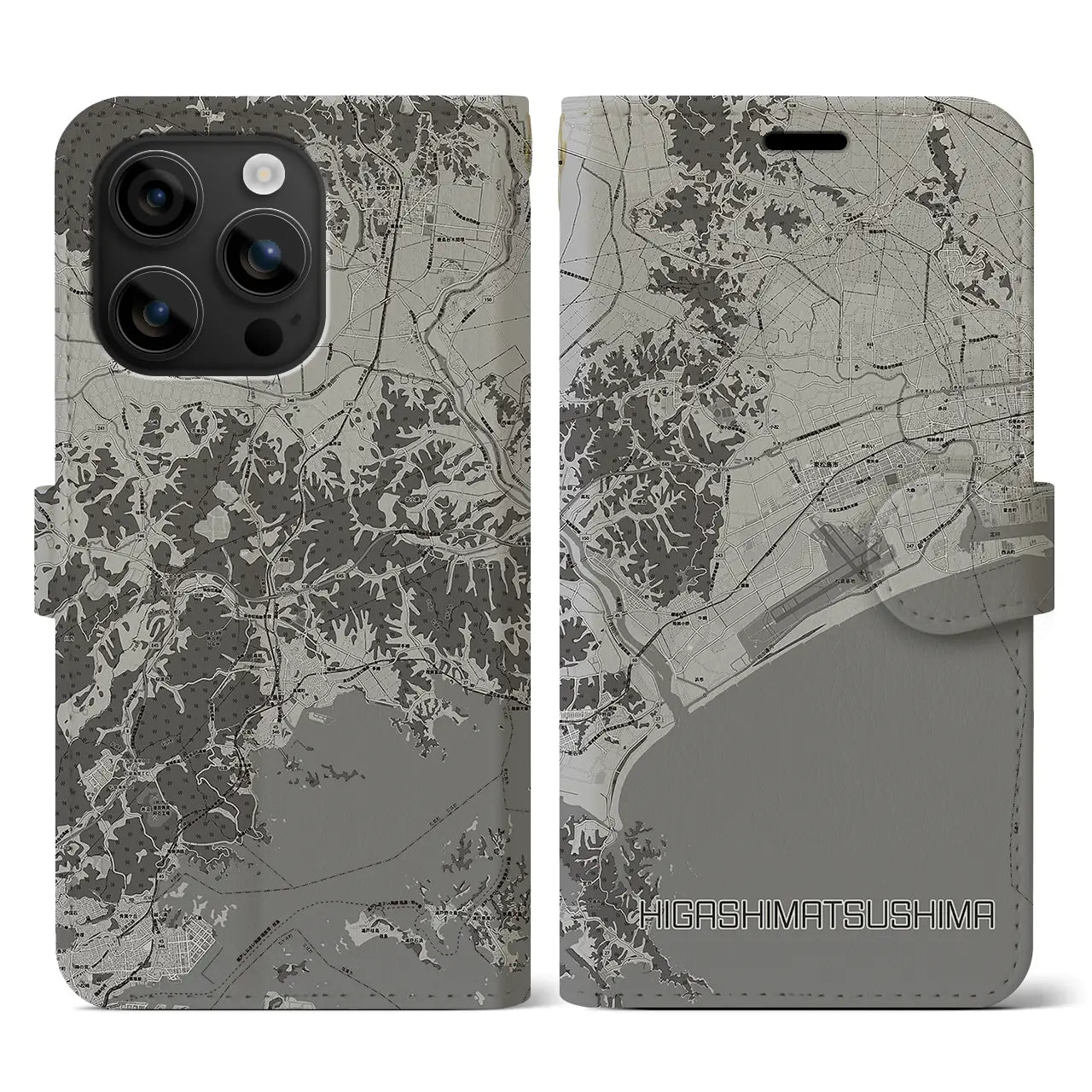【東松島(宮城県)】地図柄iPhoneケース(手帳タイプ)モノトーン・iPhone 16 用