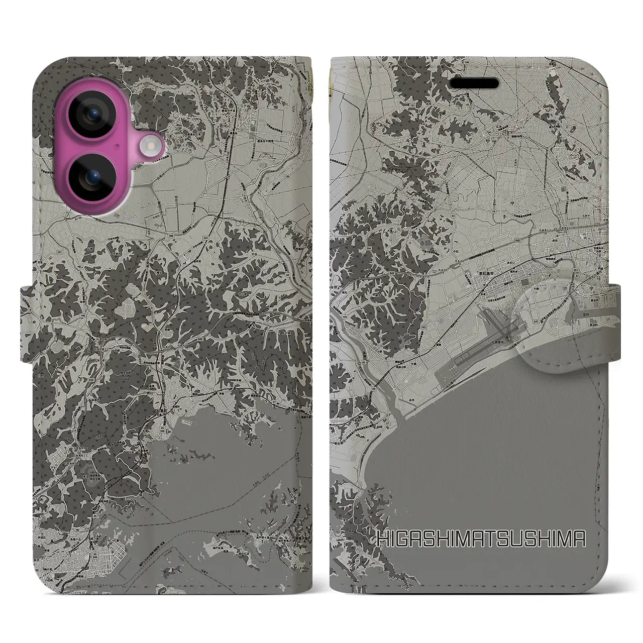 【東松島(宮城県)】地図柄iPhoneケース(手帳タイプ)モノトーン・iPhone 16 Pro 用