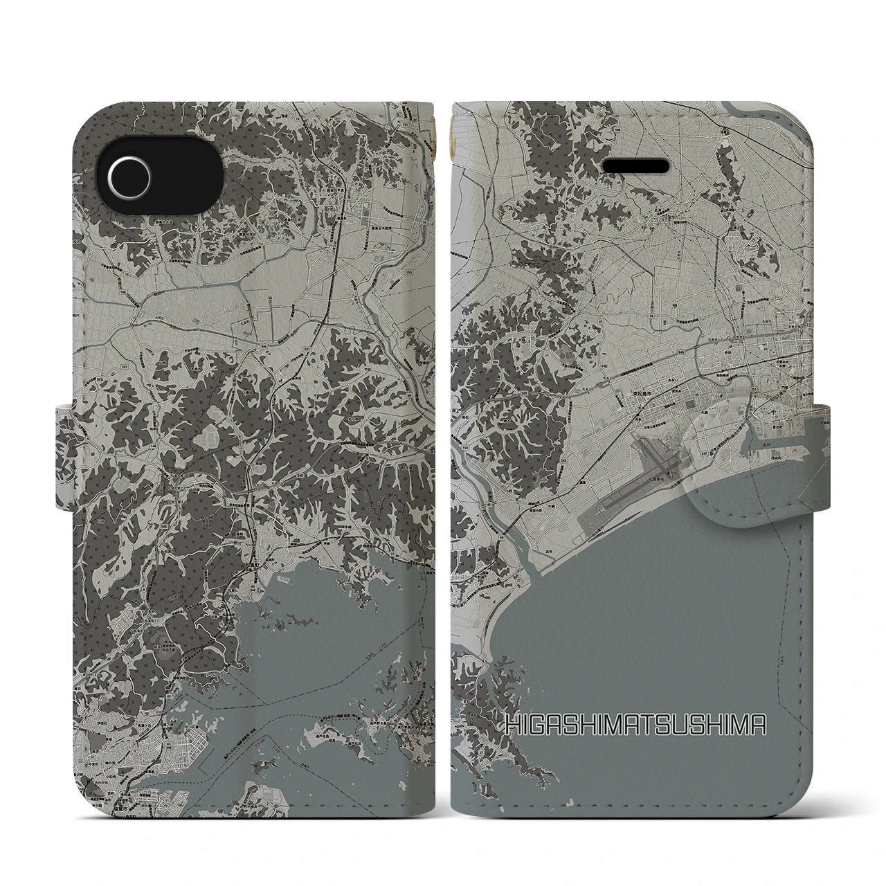 【東松島(宮城県)】地図柄iPhoneケース(手帳タイプ)モノトーン・iPhone SE(第3 / 第2世代) / 8 / 7 / 6s / 6 用