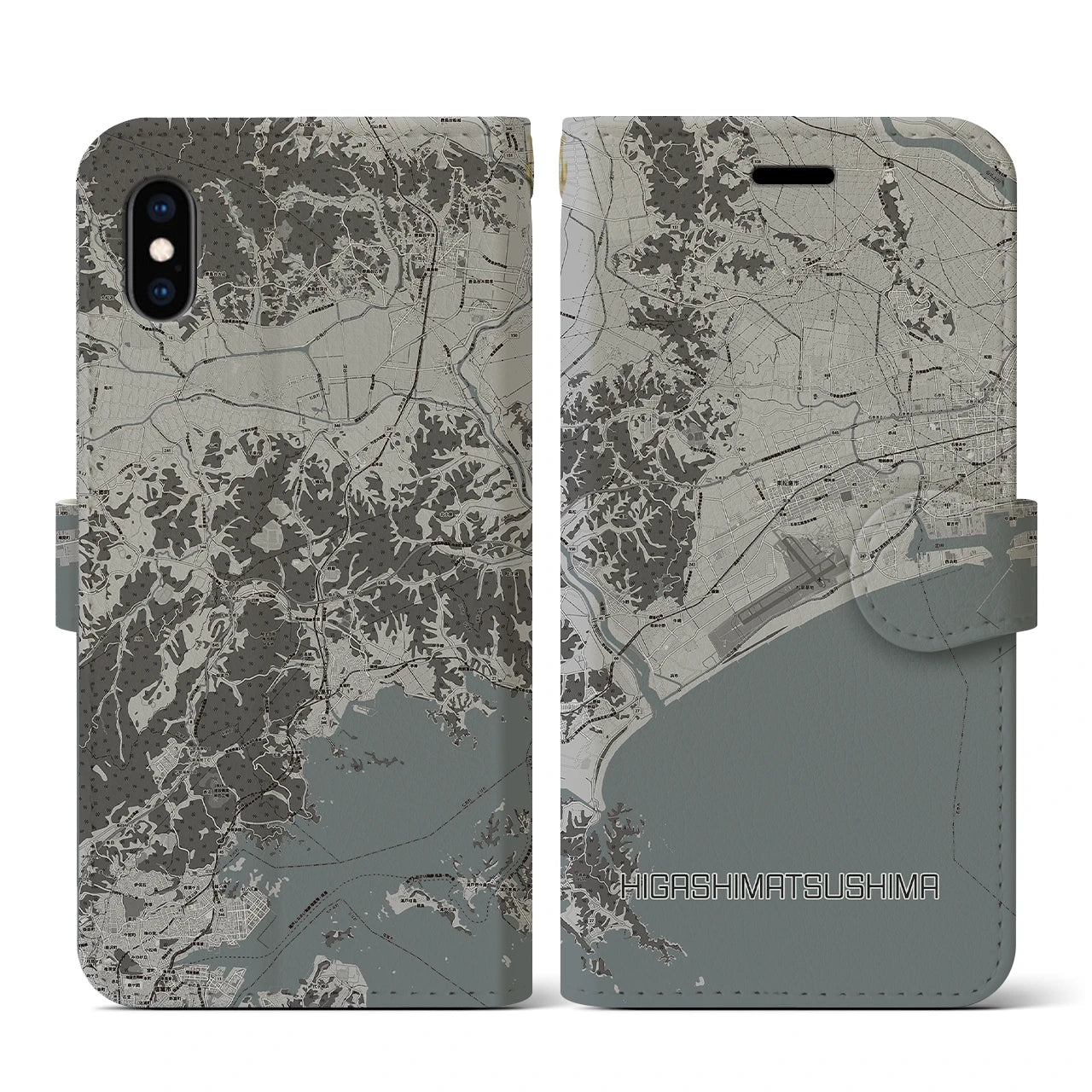 【東松島(宮城県)】地図柄iPhoneケース(手帳タイプ)モノトーン・iPhone XS / X 用