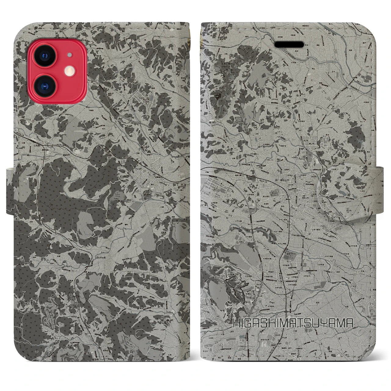 【東松山(埼玉県)】地図柄iPhoneケース(手帳タイプ)モノトーン・iPhone 11 用