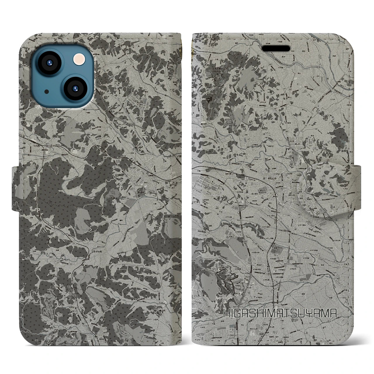 【東松山(埼玉県)】地図柄iPhoneケース(手帳タイプ)モノトーン・iPhone 13 用