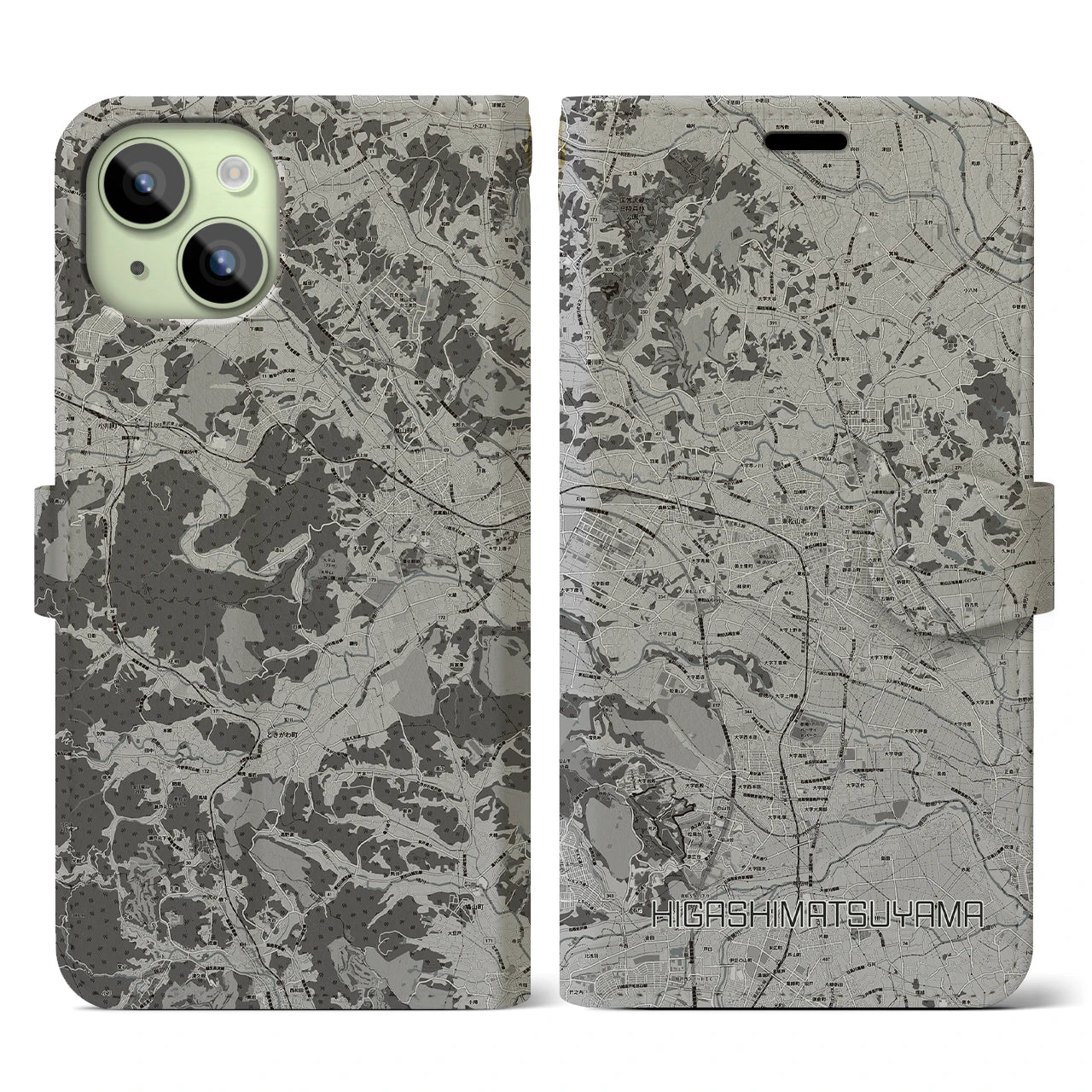 【東松山(埼玉県)】地図柄iPhoneケース(手帳タイプ)モノトーン・iPhone 15 用