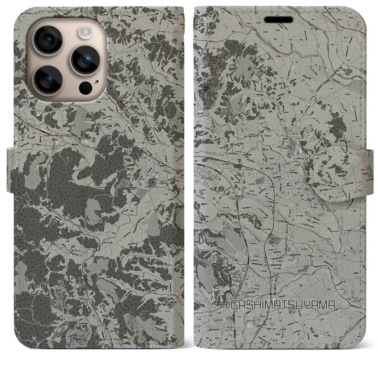 【東松山(埼玉県)】地図柄iPhoneケース(手帳タイプ)モノトーン・iPhone 16 Plus 用