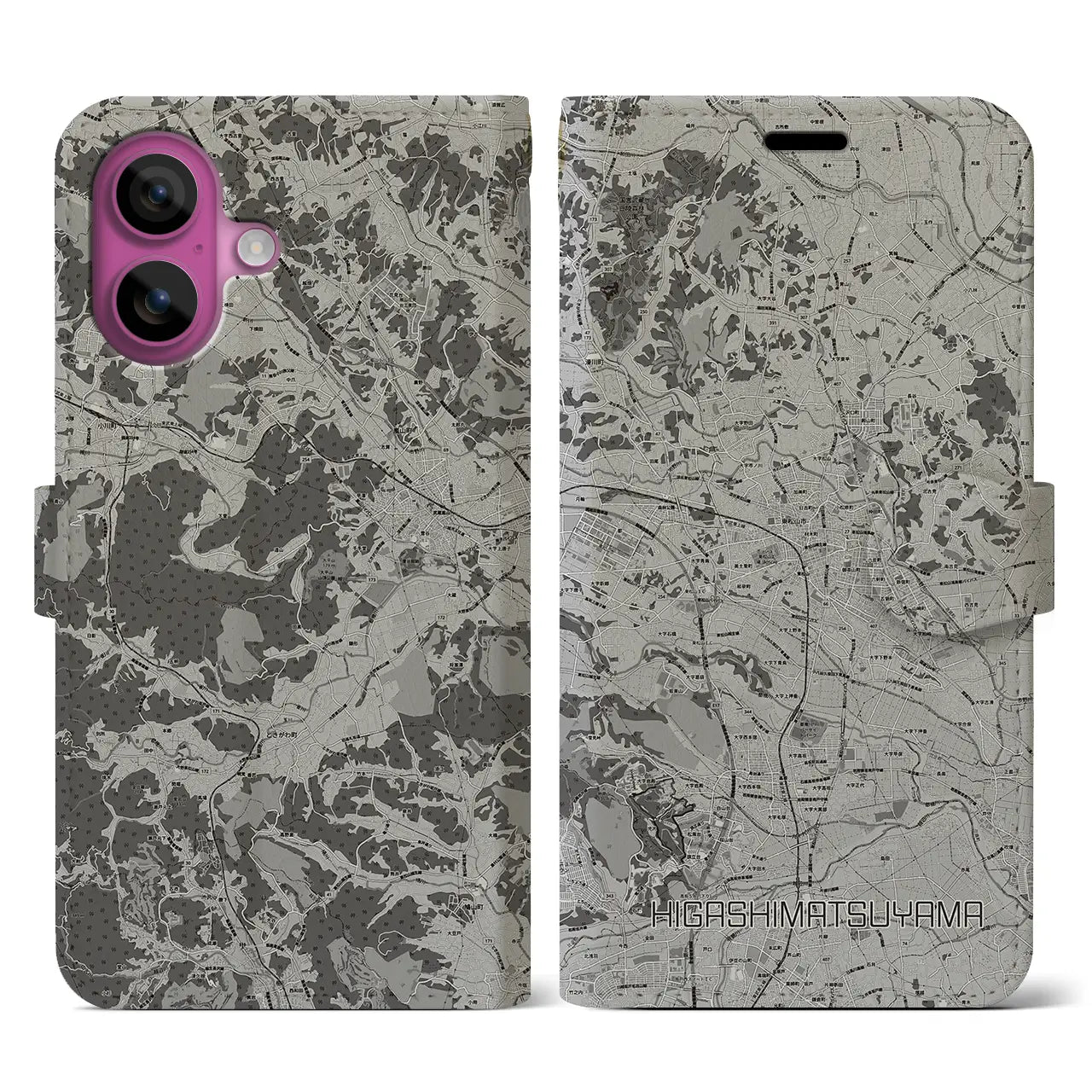 【東松山(埼玉県)】地図柄iPhoneケース(手帳タイプ)モノトーン・iPhone 16 Pro 用