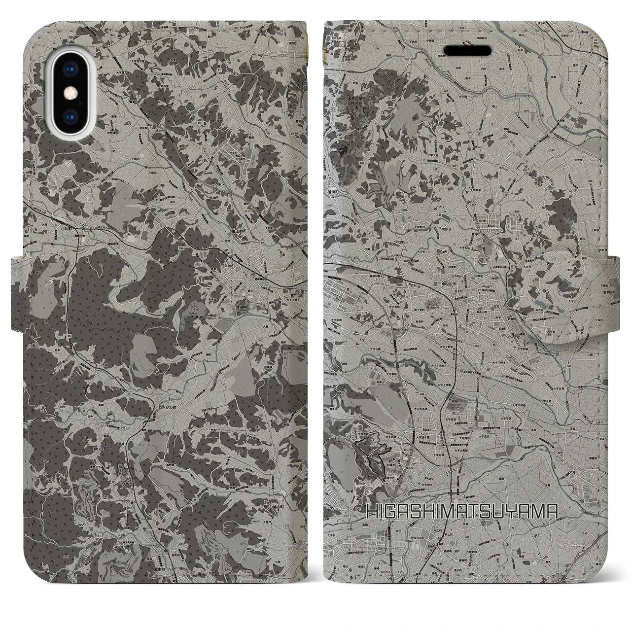 【東松山(埼玉県)】地図柄iPhoneケース(手帳タイプ)モノトーン・iPhone XS Max 用