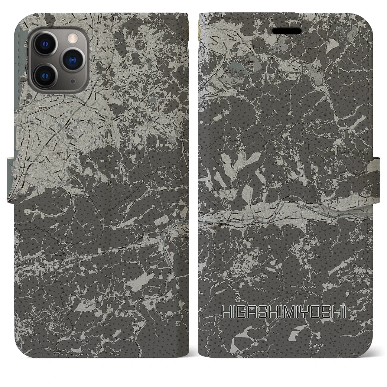 【東みよし(徳島県)】地図柄iPhoneケース(手帳タイプ)モノトーン・iPhone 11 Pro Max 用