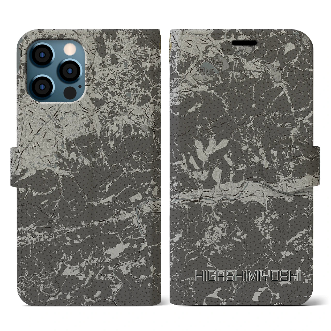 【東みよし(徳島県)】地図柄iPhoneケース(手帳タイプ)モノトーン・iPhone 12 / 12 Pro 用