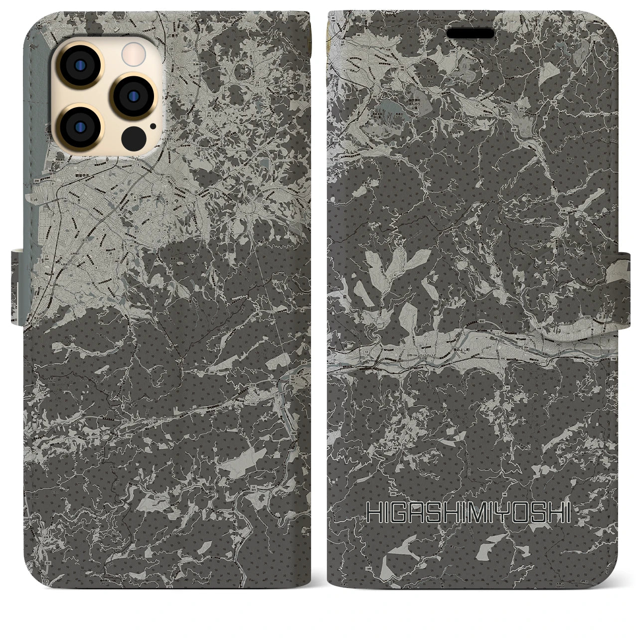 【東みよし(徳島県)】地図柄iPhoneケース(手帳タイプ)モノトーン・iPhone 12 Pro Max 用