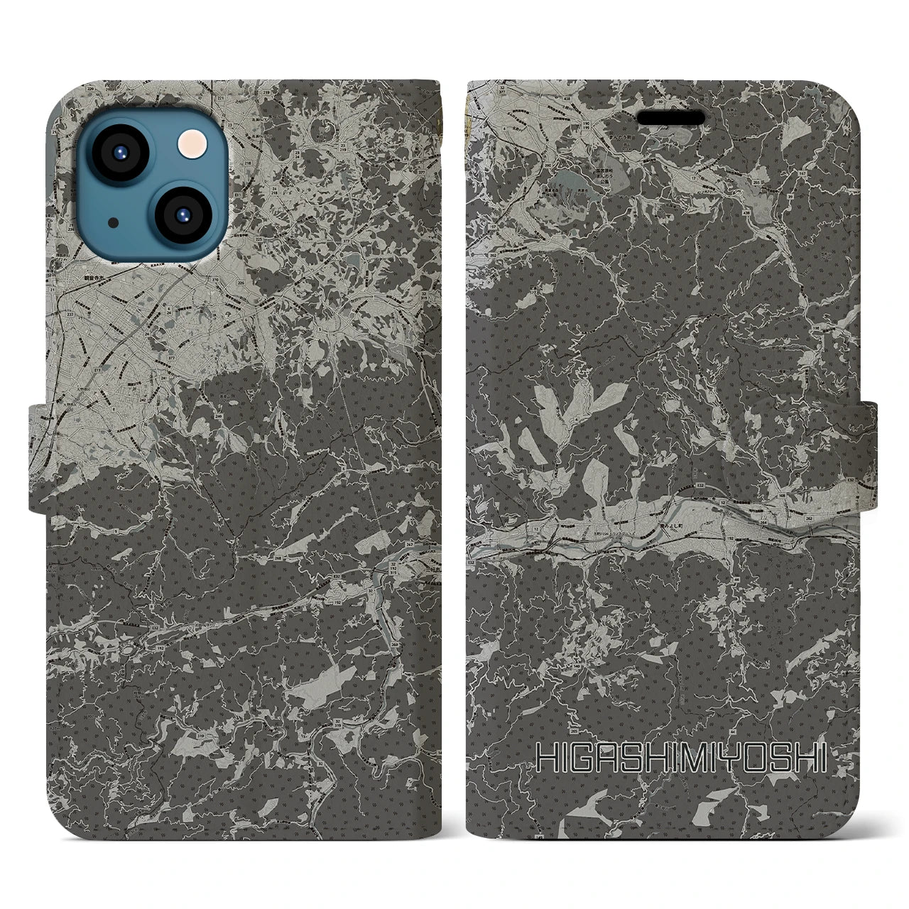 【東みよし(徳島県)】地図柄iPhoneケース(手帳タイプ)モノトーン・iPhone 13 用