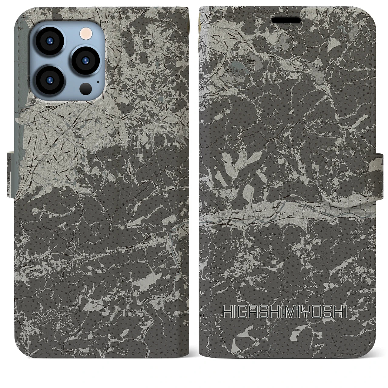 【東みよし(徳島県)】地図柄iPhoneケース(手帳タイプ)モノトーン・iPhone 13 Pro Max 用