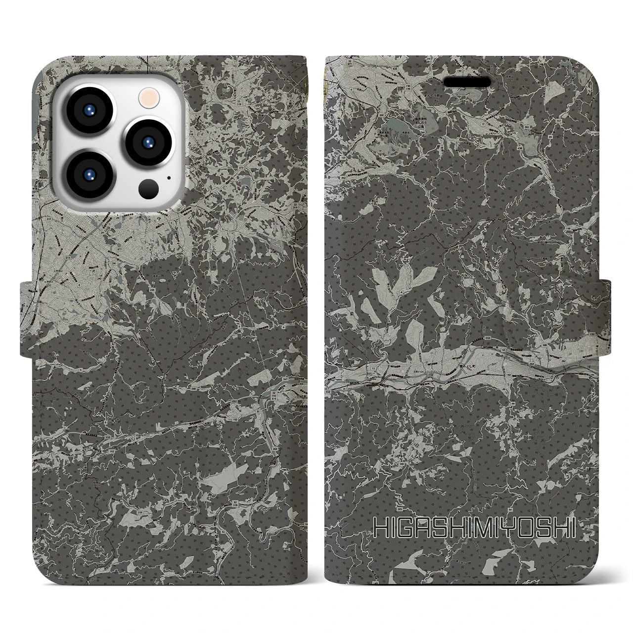 【東みよし(徳島県)】地図柄iPhoneケース(手帳タイプ)モノトーン・iPhone 13 Pro 用