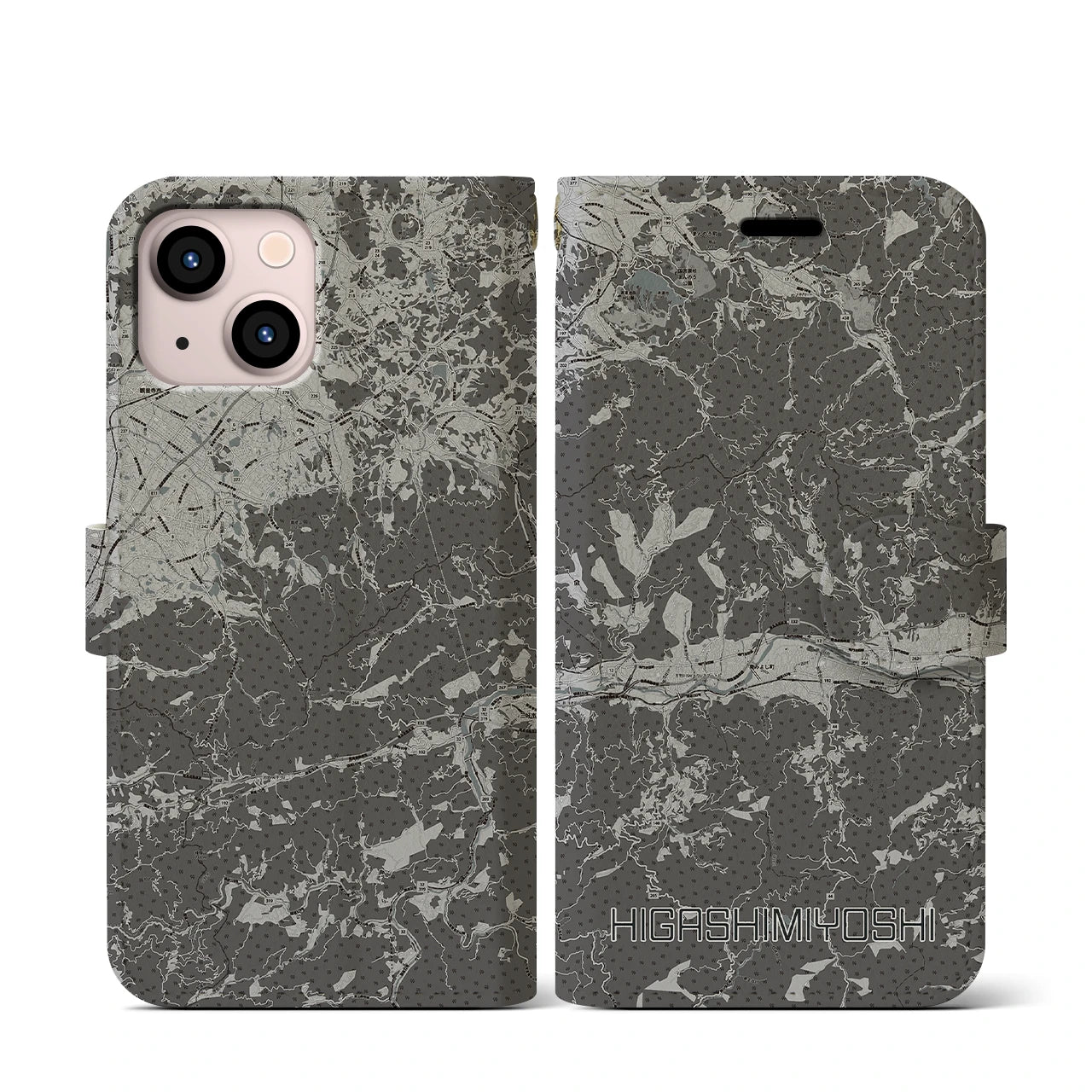 【東みよし(徳島県)】地図柄iPhoneケース(手帳タイプ)モノトーン・iPhone 13 mini 用