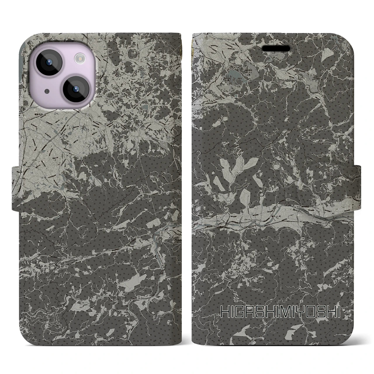 【東みよし(徳島県)】地図柄iPhoneケース(手帳タイプ)モノトーン・iPhone 14 用