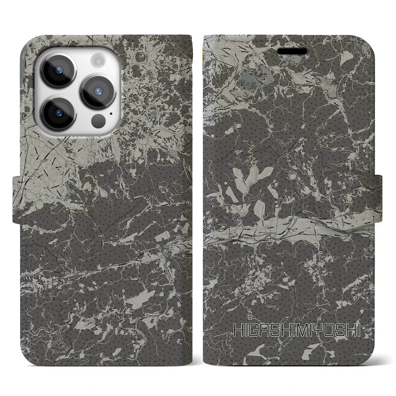 【東みよし(徳島県)】地図柄iPhoneケース(手帳タイプ)モノトーン・iPhone 14 Pro 用