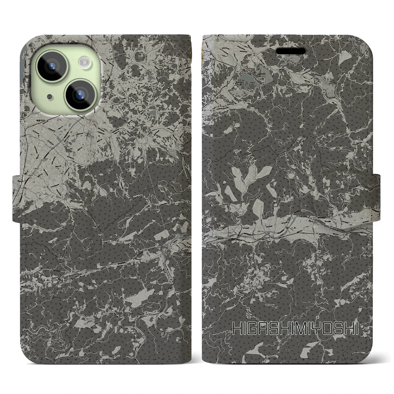 【東みよし(徳島県)】地図柄iPhoneケース(手帳タイプ)モノトーン・iPhone 15 用