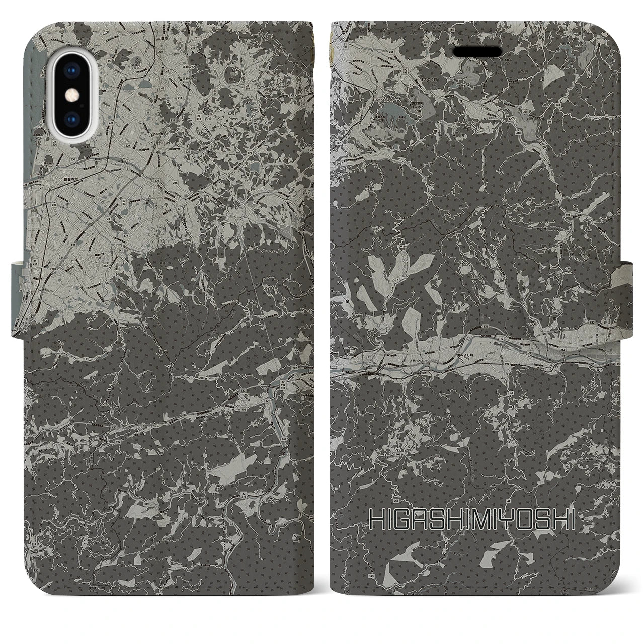【東みよし(徳島県)】地図柄iPhoneケース(手帳タイプ)モノトーン・iPhone XS Max 用