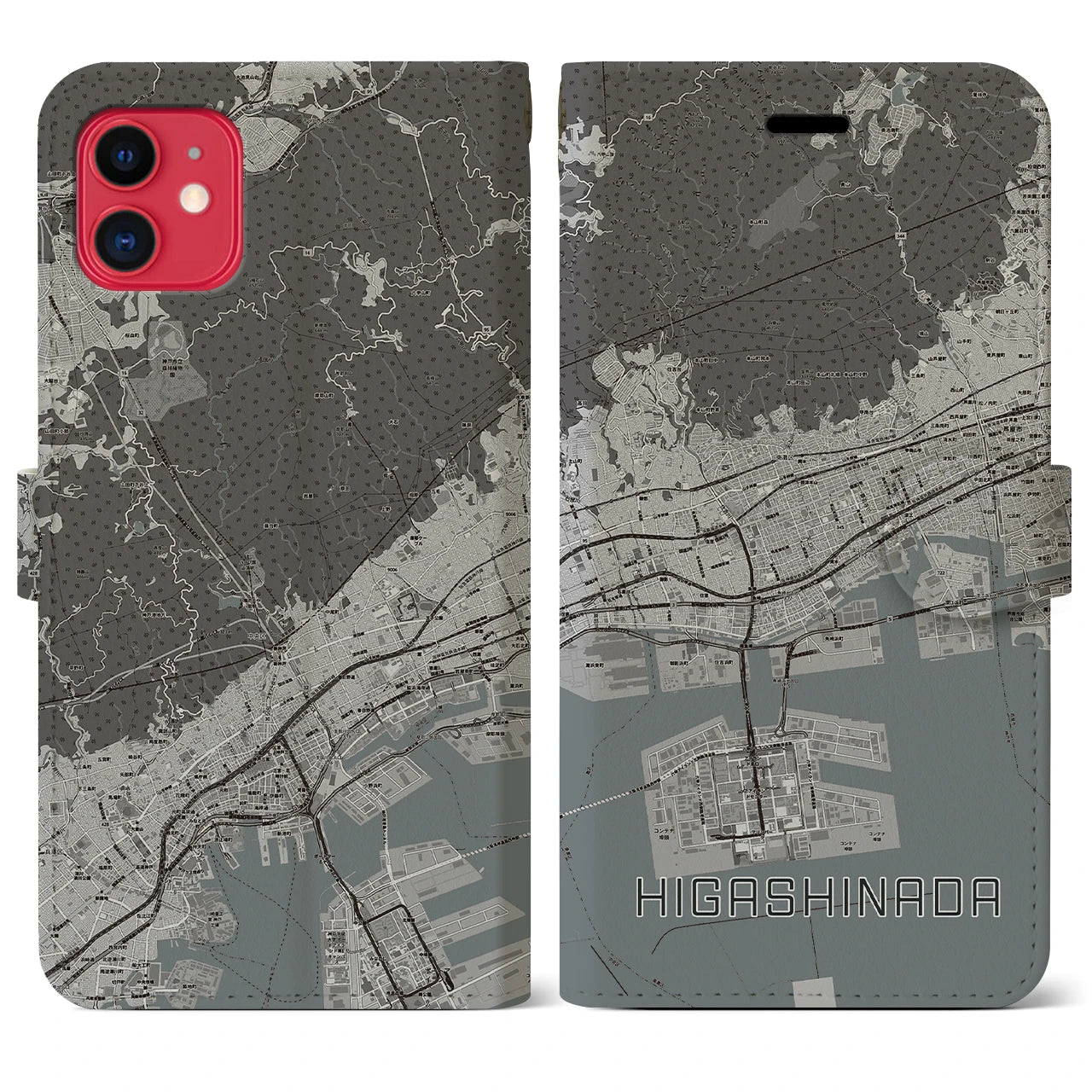 【東灘(兵庫県)】地図柄iPhoneケース(手帳タイプ)モノトーン・iPhone 11 用