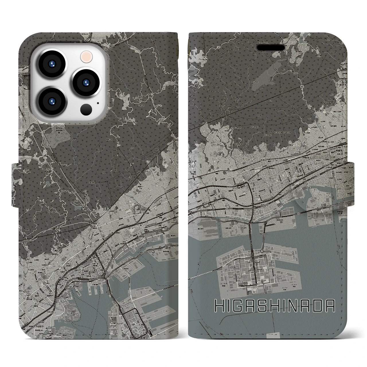 【東灘(兵庫県)】地図柄iPhoneケース(手帳タイプ)モノトーン・iPhone 13 Pro 用
