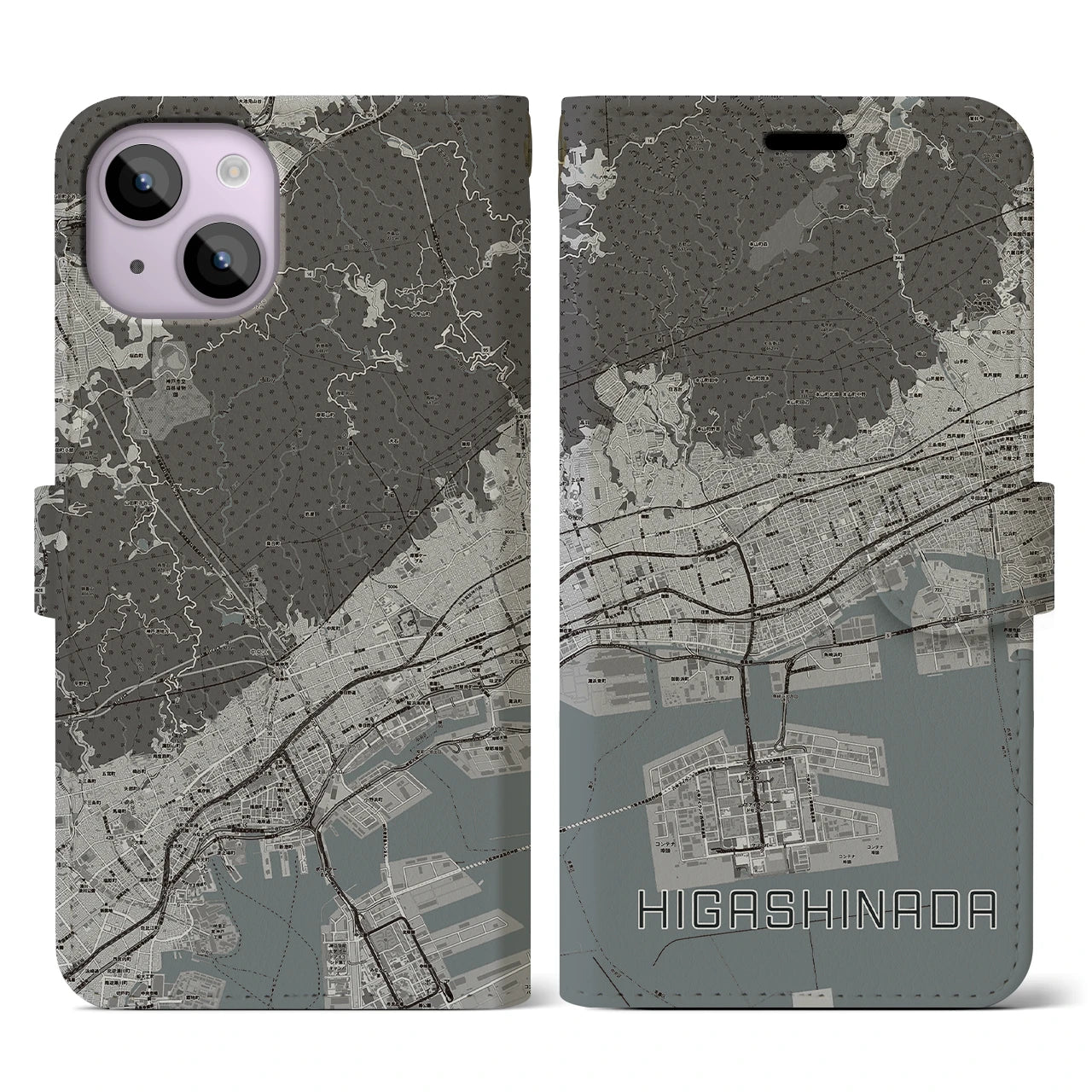 【東灘(兵庫県)】地図柄iPhoneケース(手帳タイプ)モノトーン・iPhone 14 用