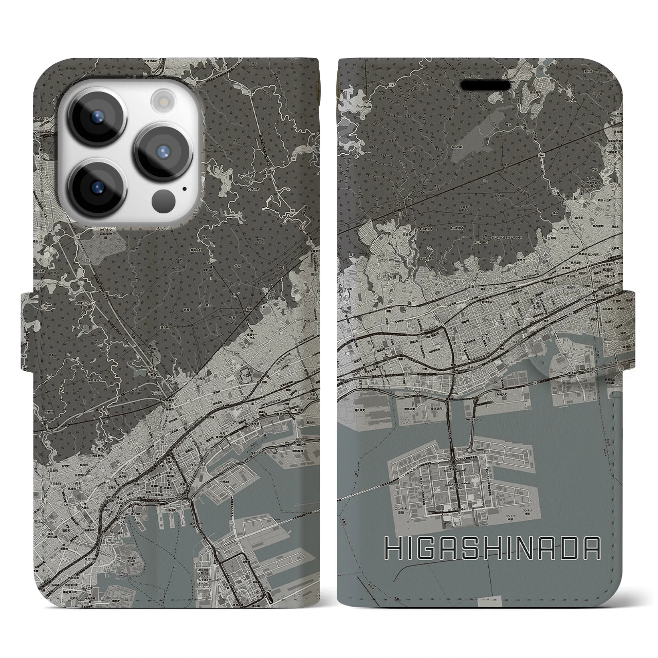 【東灘(兵庫県)】地図柄iPhoneケース(手帳タイプ)モノトーン・iPhone 14 Pro 用