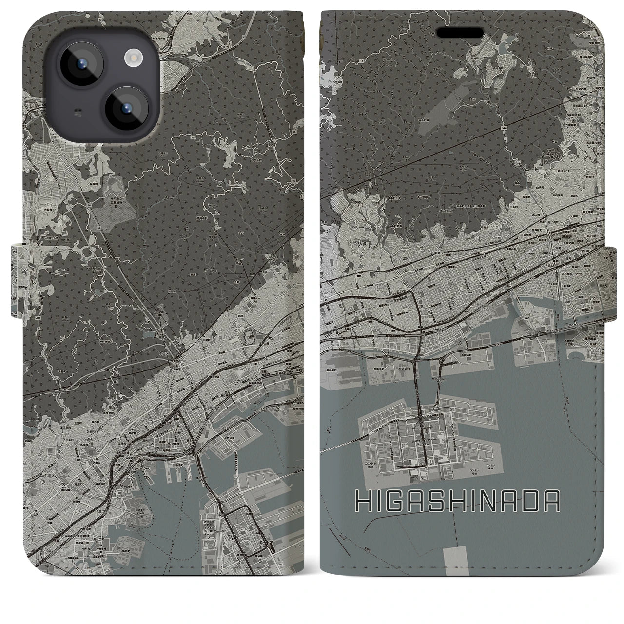 【東灘(兵庫県)】地図柄iPhoneケース(手帳タイプ)モノトーン・iPhone 14 Plus 用