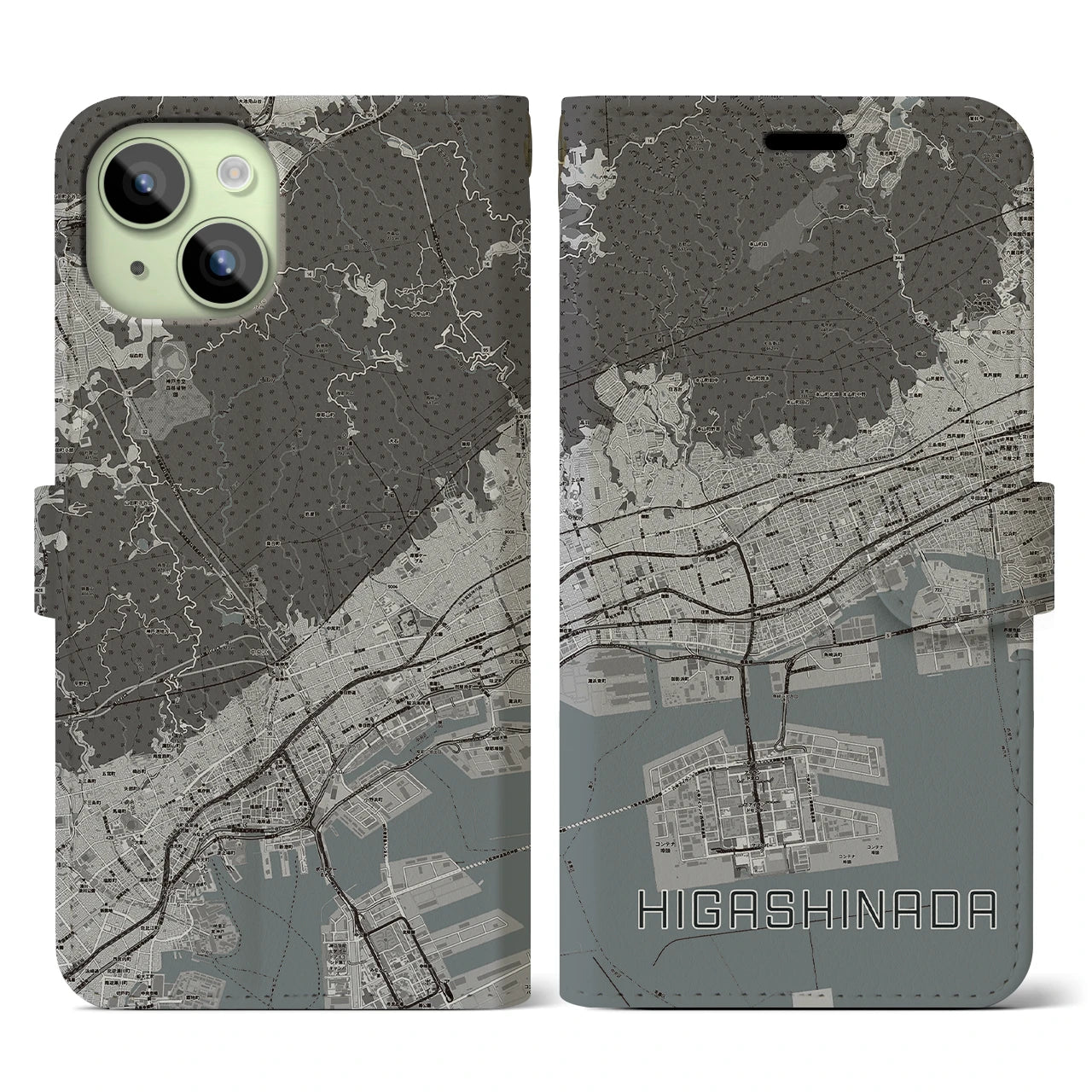 【東灘(兵庫県)】地図柄iPhoneケース(手帳タイプ)モノトーン・iPhone 15 用