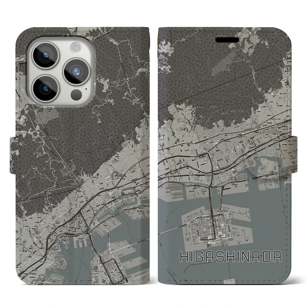 【東灘(兵庫県)】地図柄iPhoneケース(手帳タイプ)モノトーン・iPhone 15 Pro 用