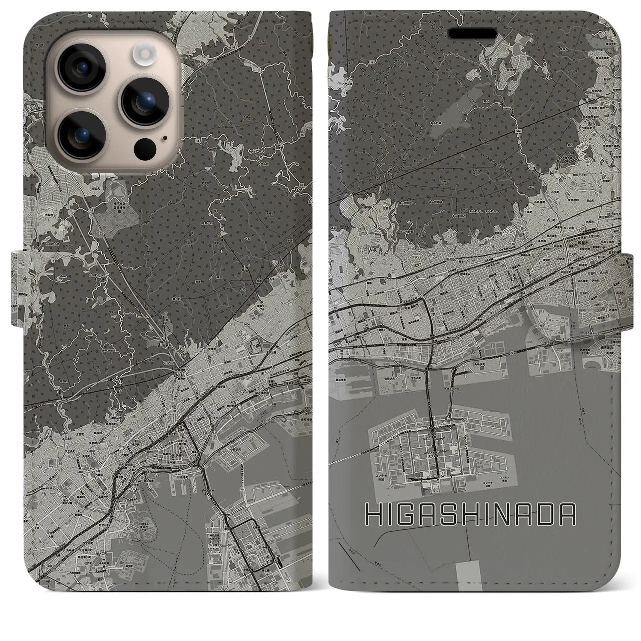 【東灘(兵庫県)】地図柄iPhoneケース(手帳タイプ)モノトーン・iPhone 16 Plus 用