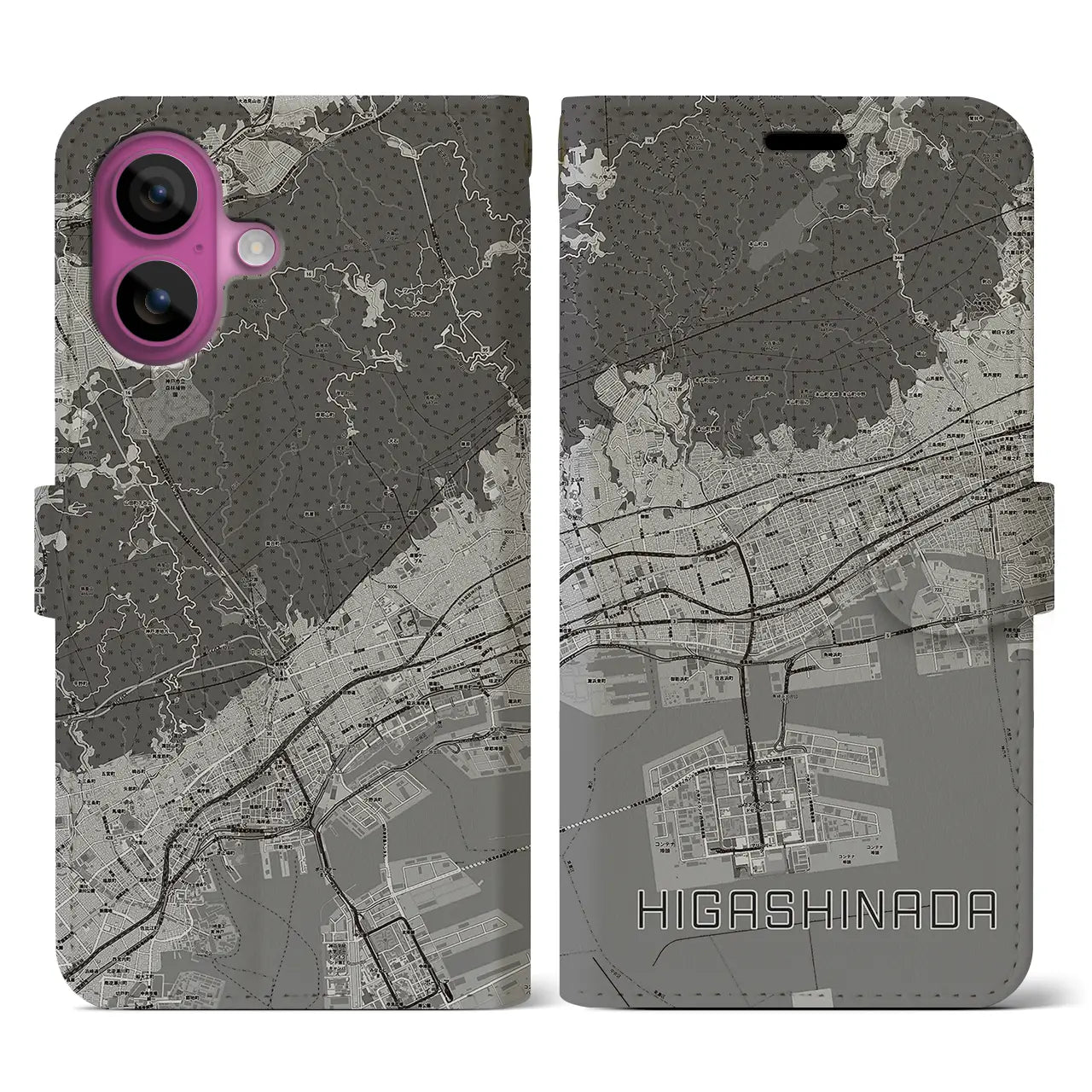 【東灘(兵庫県)】地図柄iPhoneケース(手帳タイプ)モノトーン・iPhone 16 Pro 用