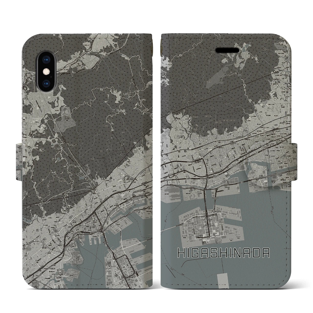 【東灘(兵庫県)】地図柄iPhoneケース(手帳タイプ)モノトーン・iPhone XS / X 用