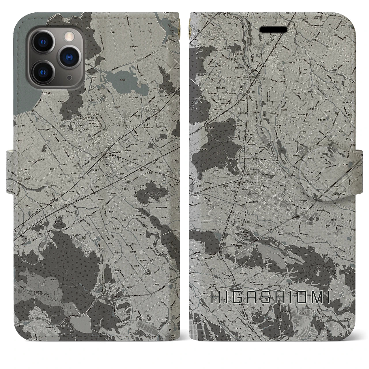 【東近江(滋賀県)】地図柄iPhoneケース(手帳タイプ)モノトーン・iPhone 11 Pro Max 用