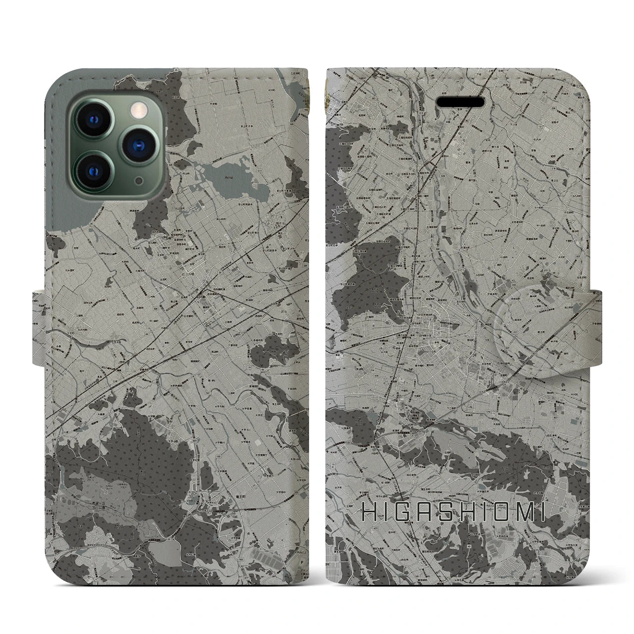 【東近江(滋賀県)】地図柄iPhoneケース(手帳タイプ)モノトーン・iPhone 11 Pro 用