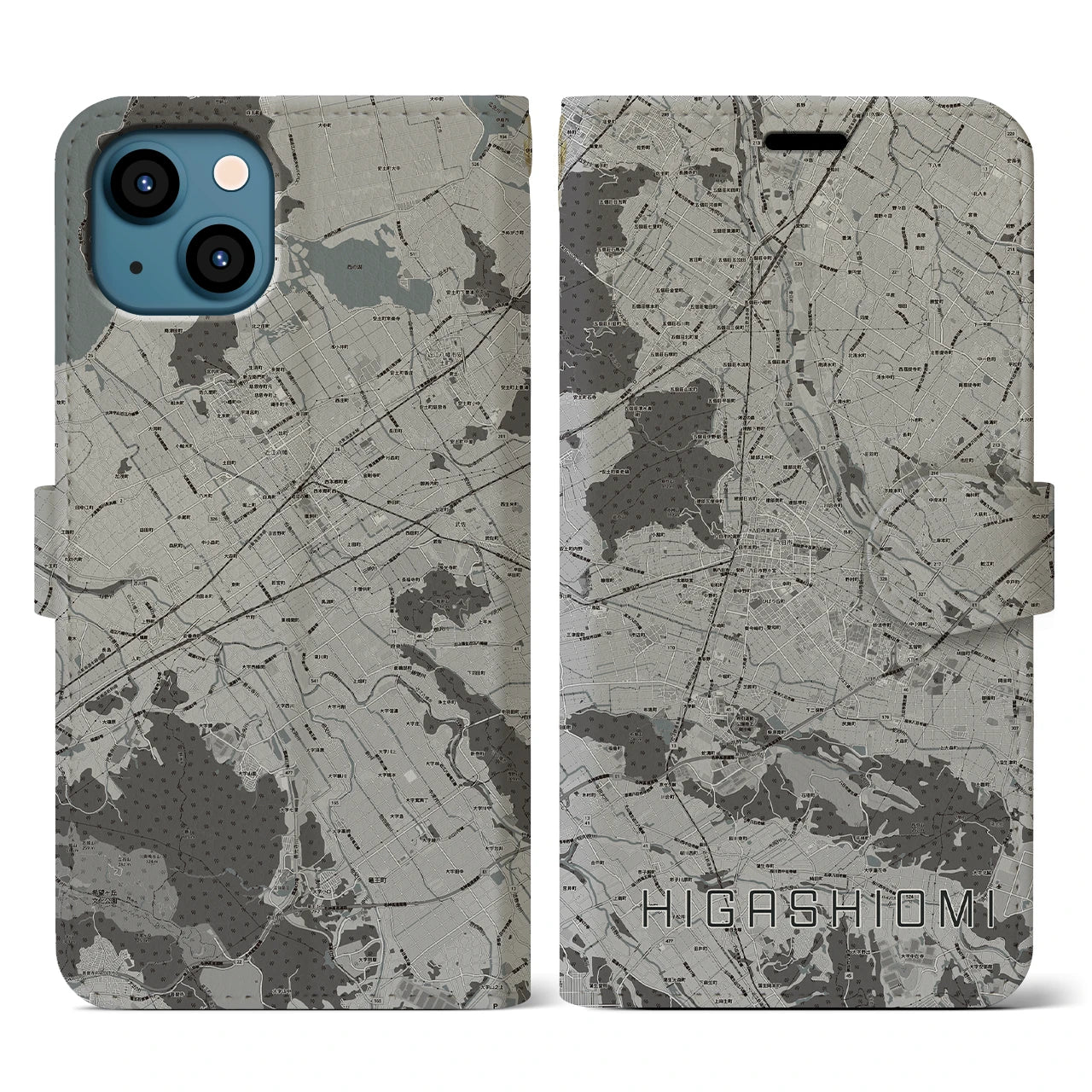 【東近江(滋賀県)】地図柄iPhoneケース(手帳タイプ)モノトーン・iPhone 13 用