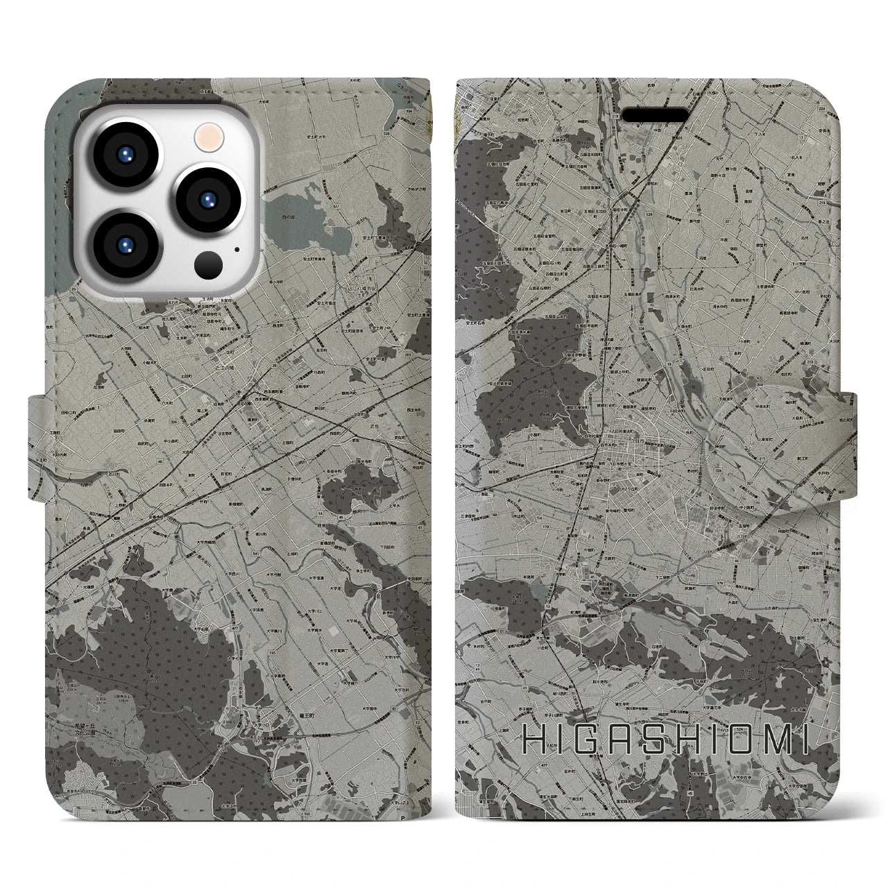 【東近江(滋賀県)】地図柄iPhoneケース(手帳タイプ)モノトーン・iPhone 13 Pro 用