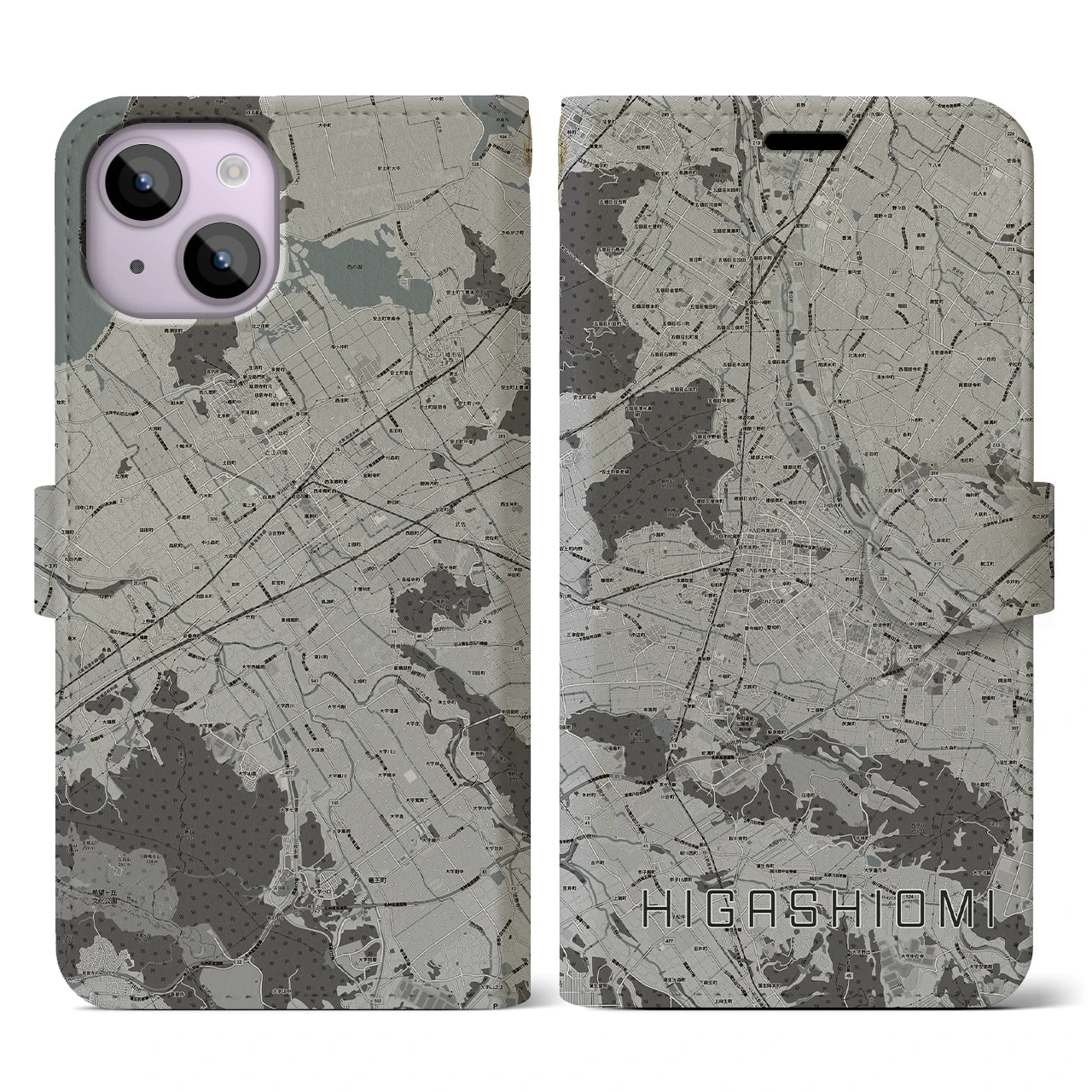 【東近江(滋賀県)】地図柄iPhoneケース(手帳タイプ)モノトーン・iPhone 14 用