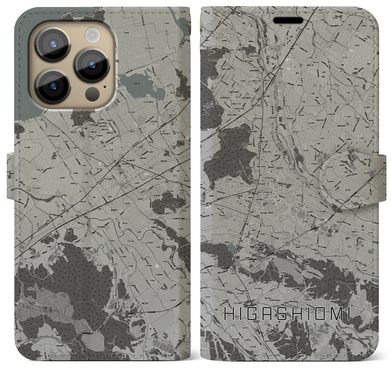 【東近江(滋賀県)】地図柄iPhoneケース(手帳タイプ)モノトーン・iPhone 14 Pro Max 用