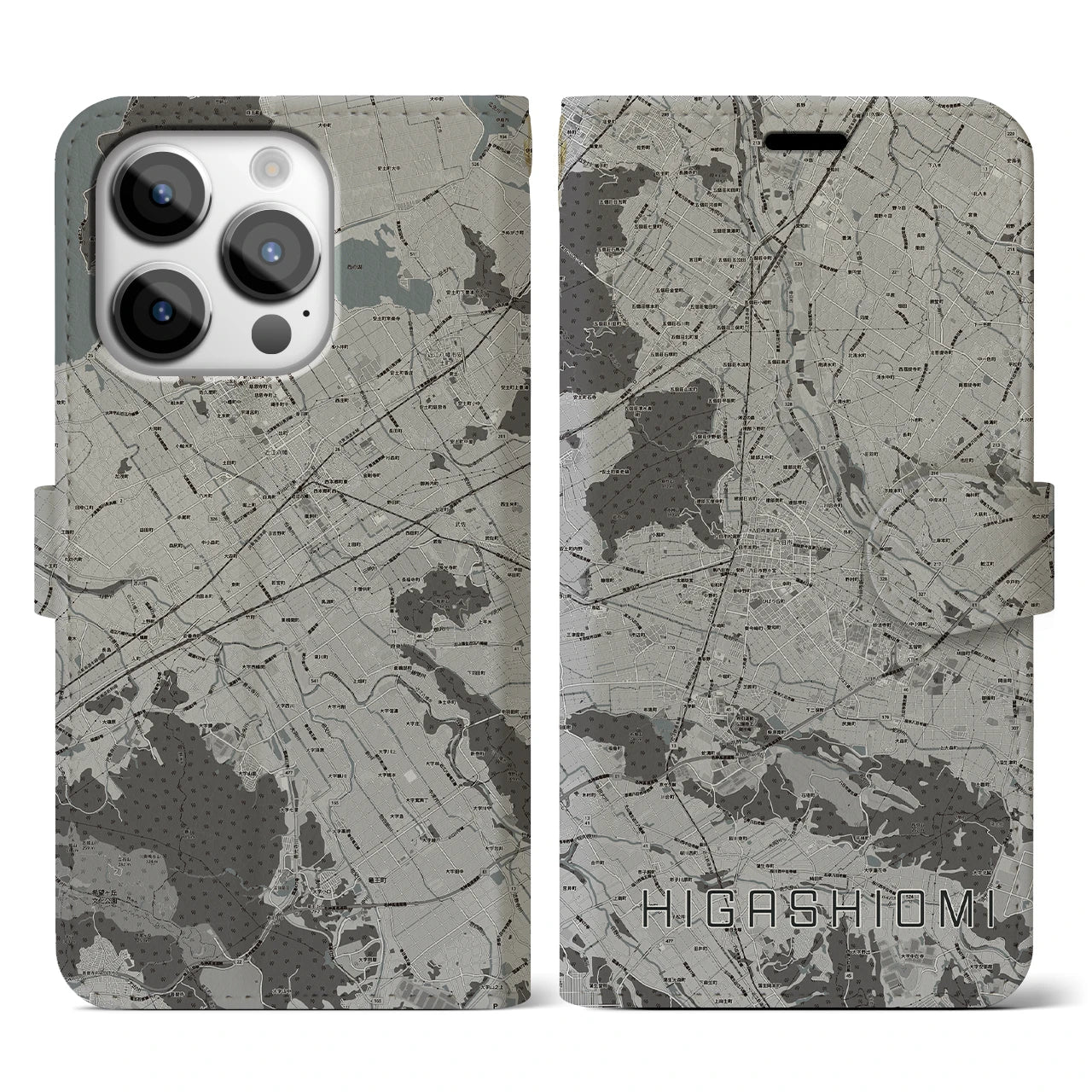 【東近江(滋賀県)】地図柄iPhoneケース(手帳タイプ)モノトーン・iPhone 14 Pro 用