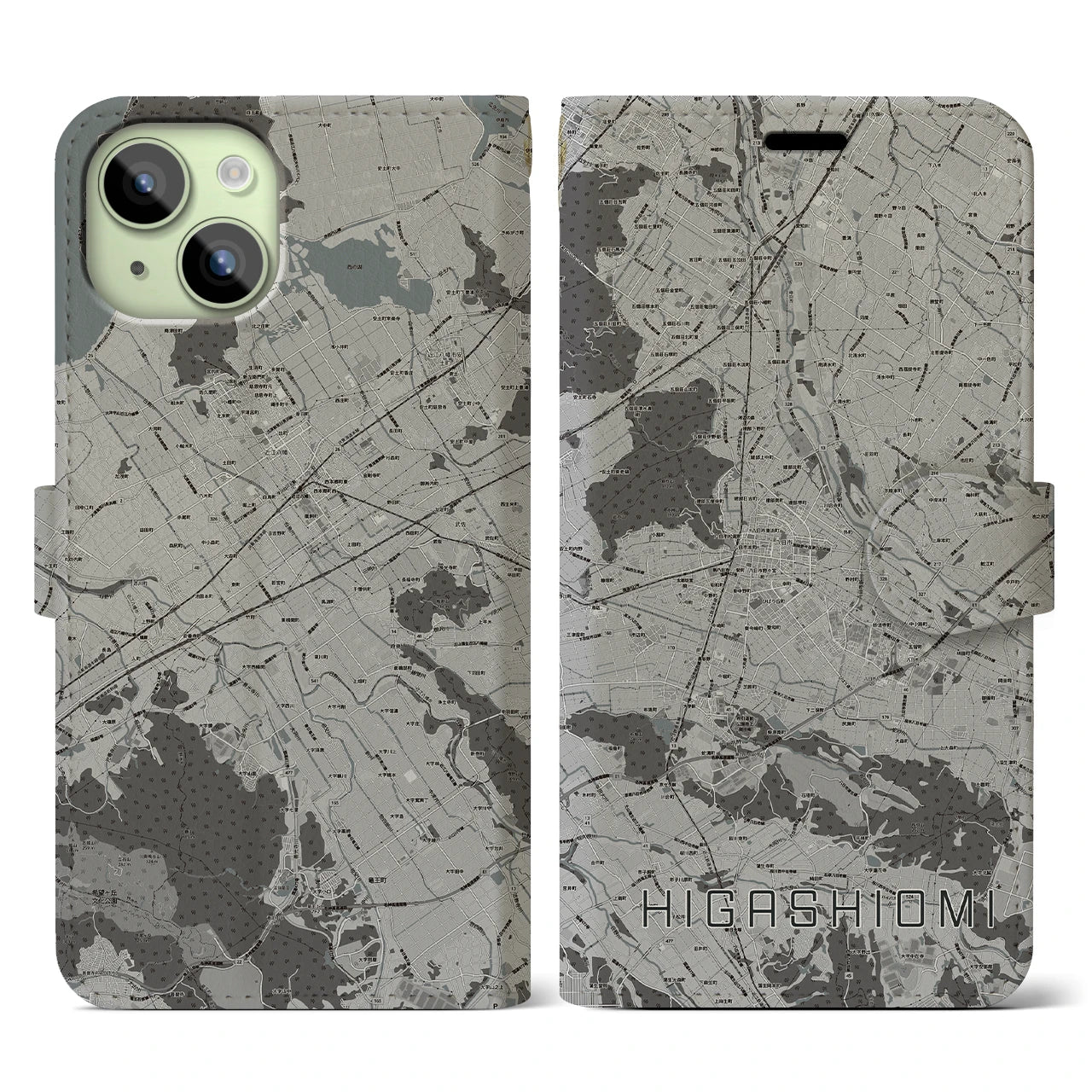 【東近江(滋賀県)】地図柄iPhoneケース(手帳タイプ)モノトーン・iPhone 15 用