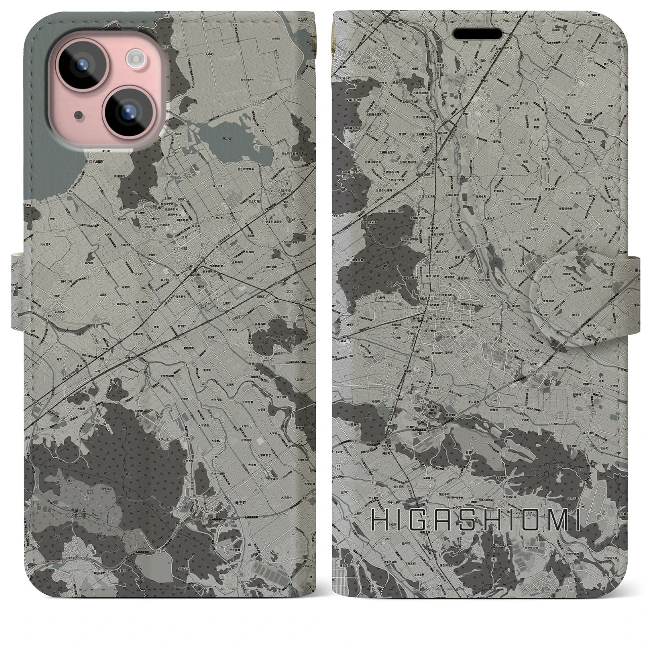 【東近江(滋賀県)】地図柄iPhoneケース(手帳タイプ)モノトーン・iPhone 15 Plus 用