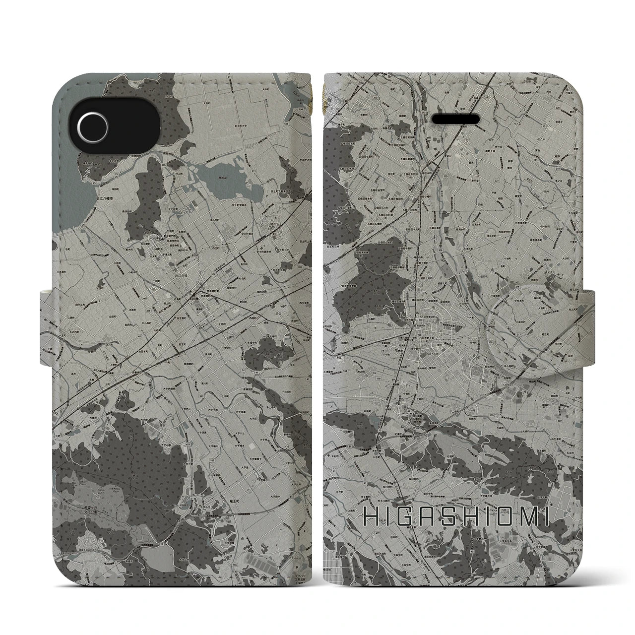 【東近江(滋賀県)】地図柄iPhoneケース(手帳タイプ)モノトーン・iPhone SE(第3 / 第2世代) / 8 / 7 / 6s / 6 用