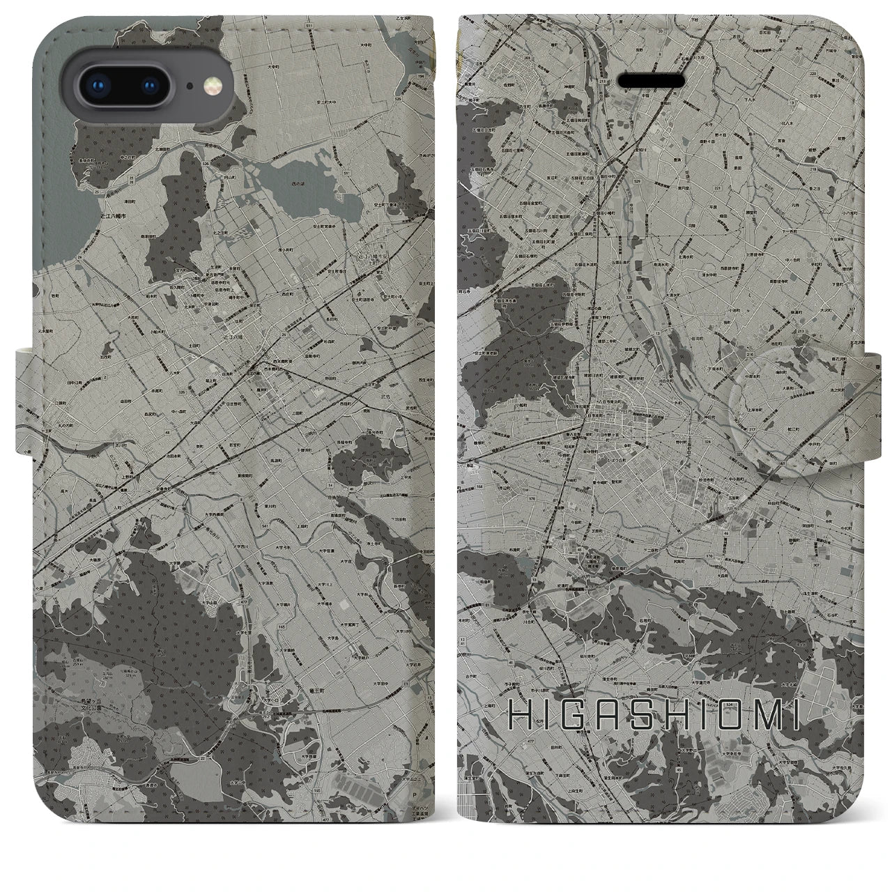 【東近江(滋賀県)】地図柄iPhoneケース(手帳タイプ)モノトーン・iPhone 8Plus /7Plus / 6sPlus / 6Plus 用