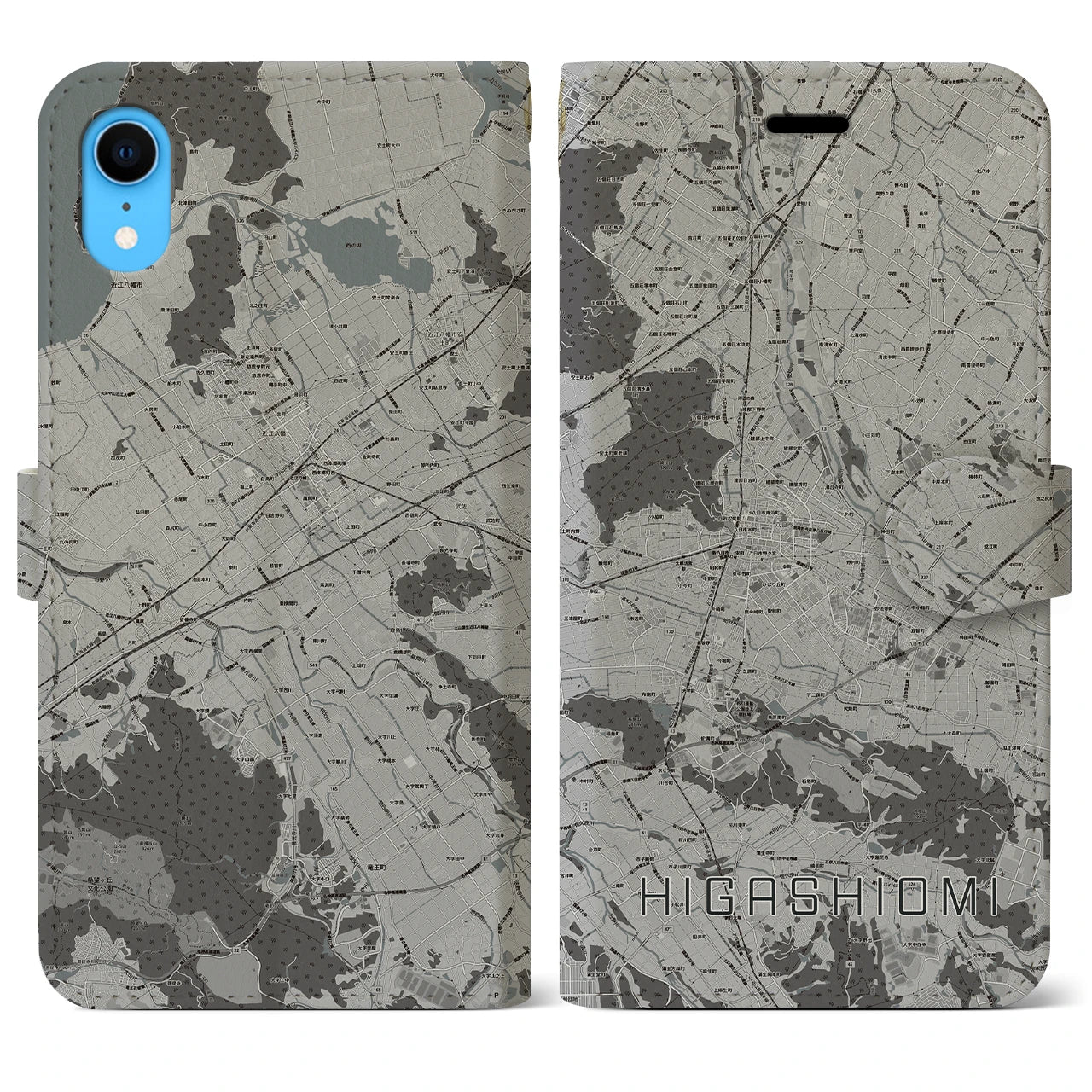 【東近江(滋賀県)】地図柄iPhoneケース(手帳タイプ)モノトーン・iPhone XR 用