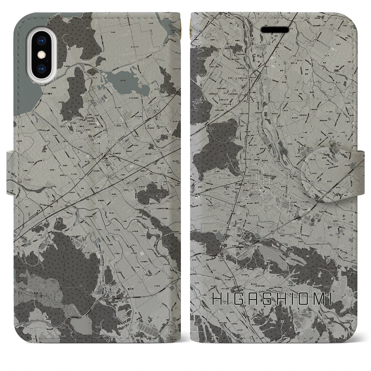 【東近江(滋賀県)】地図柄iPhoneケース(手帳タイプ)モノトーン・iPhone XS Max 用