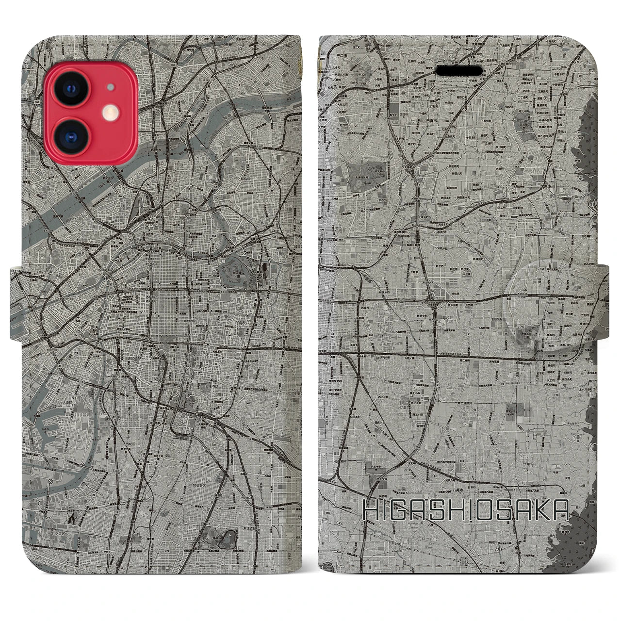 【東大阪(大阪府)】地図柄iPhoneケース(手帳タイプ)モノトーン・iPhone 11 用